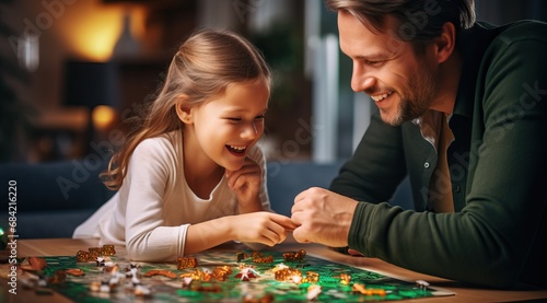 Professional Photo of a Father and Daughter Playing with a Big Puzzle on a Wooden Table Illuminated By Sunlight.