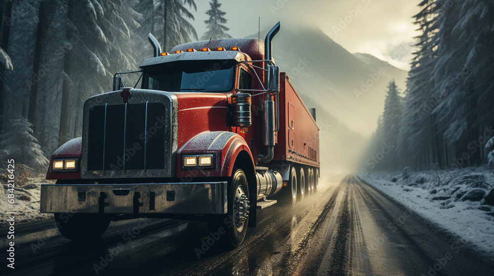 Red truck driving on a road in winter. Red truck driving on a road in winter.