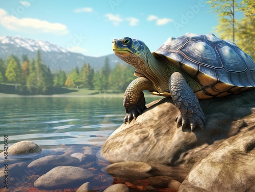 A Professional Close up of a Land Tortoise Relaxing on a Rock Placed in the Water of a Lake Surrounded by a Forest during a Sunny Day.