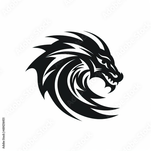 Logo Rappresenting a Black Dragon Looking to the Side while Showing his Teeth. Black Subject over a White Background. Easy to Cutoff.