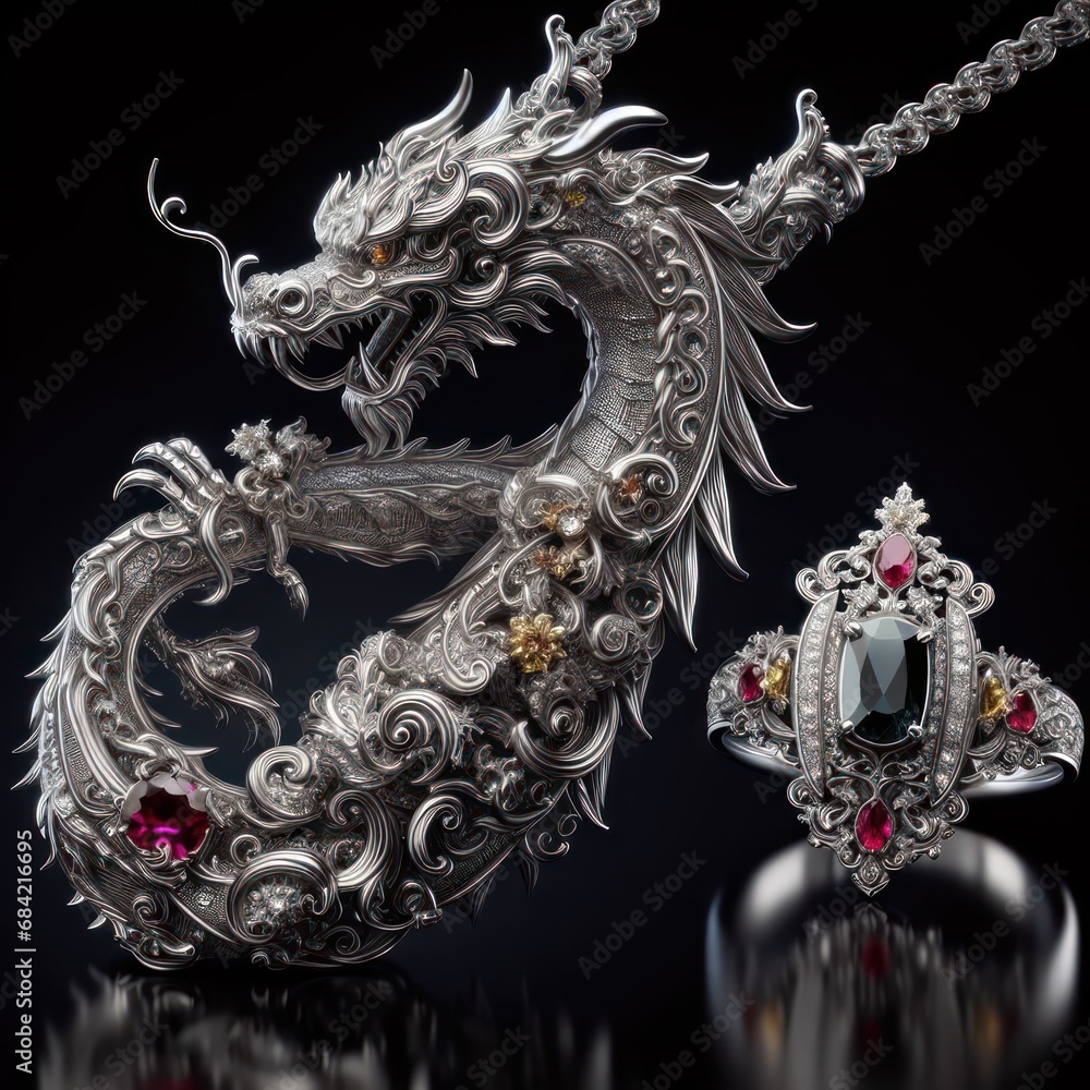 Obraz premium Beautiful elegant ring and necklace in the shape of a dragon with precious stones, rubies, sapphires, emeralds, gold and platinum generated by artificial intelligence