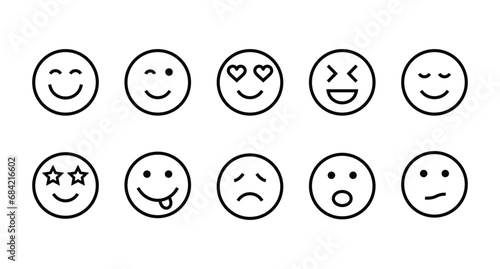 Face emoticons emoji line art vector icons set for apps, websites, Customer review, satisfaction, mood tracker editable stroke. Smile sad cry funny star heart eyes logo character stickers expressions 