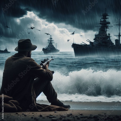 Fotografering Man sitting sitting on beach watching battleships