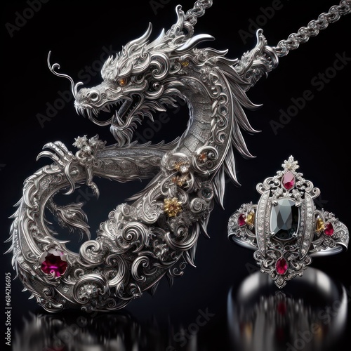 Beautiful elegant ring and necklace in the shape of a dragon with precious stones, rubies, sapphires, emeralds, gold and platinum generated by artificial intelligence