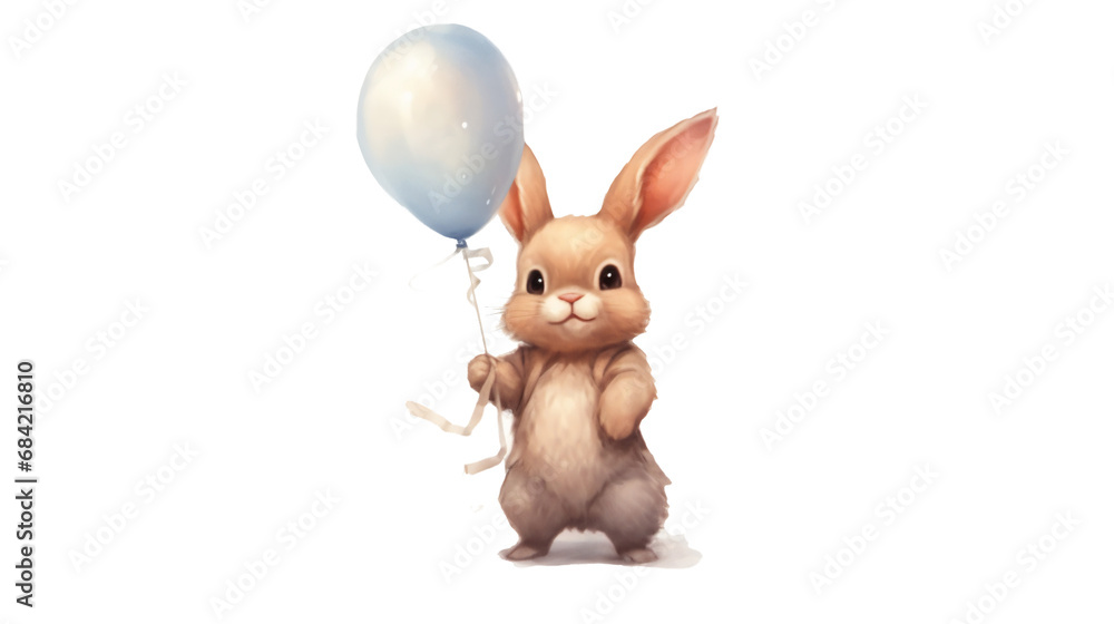 cute bunny hold a single ballon in watercolor style isolated against transparent background