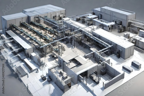 Detailed 3D model of a high-tech manufacturing facility layout. © Sumia