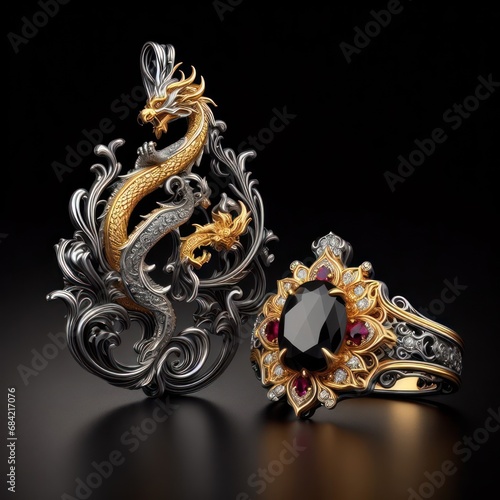 Beautiful elegant ring and necklace in the shape of a dragon with precious stones, rubies, sapphires, emeralds, gold and platinum generated by artificial intelligence