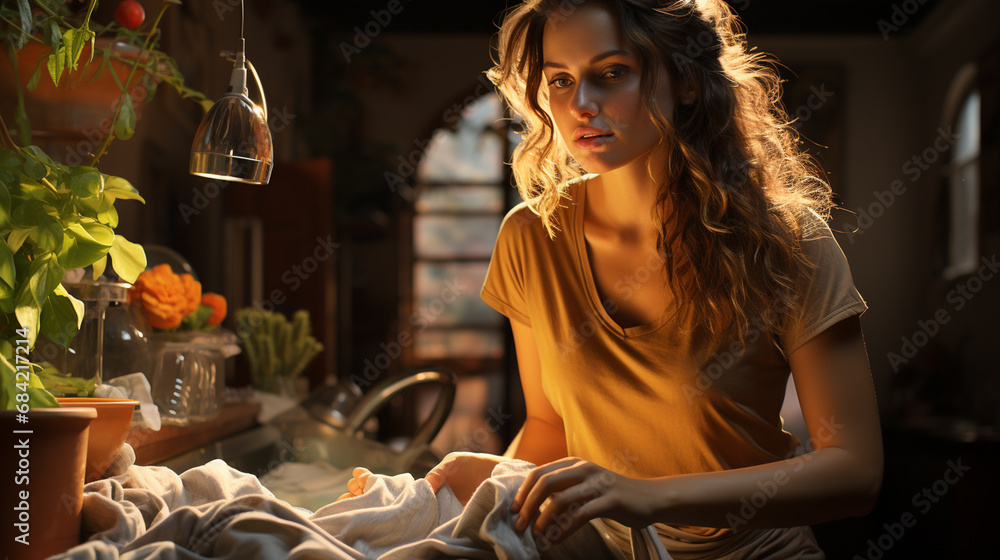 Washwoman with clothes in a laundry room. Washwoman with clothes in a laundry room.