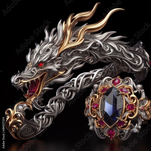 Beautiful elegant ring and necklace in the shape of a dragon with precious stones, rubies, sapphires, emeralds, gold and platinum generated by artificial intelligence