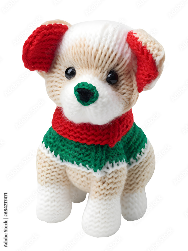 Cute Dog, cloth doll, Christmas, make from knitting, dicut, isolated background.