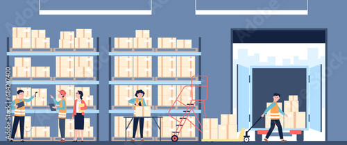 Workers on warehouse. Logistic center with parcel boxes on shelves, worker in uniform and truck. Transportation and delivery service, recent vector scene