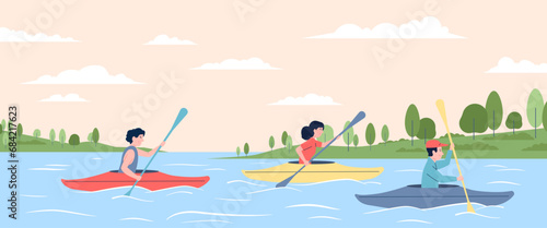 Canoeing and kayaking competition. People riding boats on river or sea. Wild recreation or hiking, forest family friends resting, recent vector scene © LadadikArt