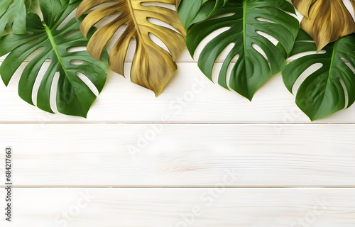 gold and green monstera plant leaves on white wooden table for card decor background