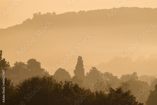 Atmospheric landscape with trees at sunrise and fog glowing orange in Bad Pyrmont, Germany. © Elena Krivorotova