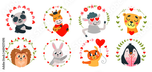 Funny animals in love frames. Cartoon romantic animal with hearts. Cute panda and bunny, sheep and giraffe. Valentines day classy vector characters