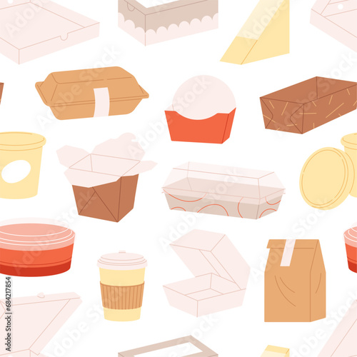 Cardboard food boxes background. Delivery service, cafe coffee and meals to go. Paper and plastic cups and boxes, racy vector seamless pattern