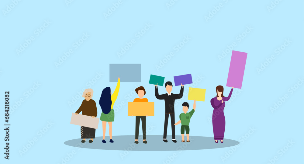 An illustration of a group of people holding blank paper or empty banners.An illustration of people campaigning.A design featuring both young and old individuals engaged in a campaign.