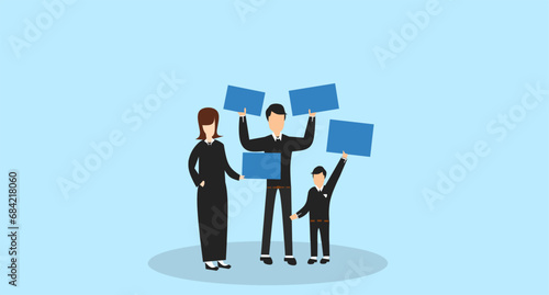 An illustration of a group of people holding blank paper or empty banners.An illustration of people campaigning.A design featuring both young and old individuals engaged in a campaign.