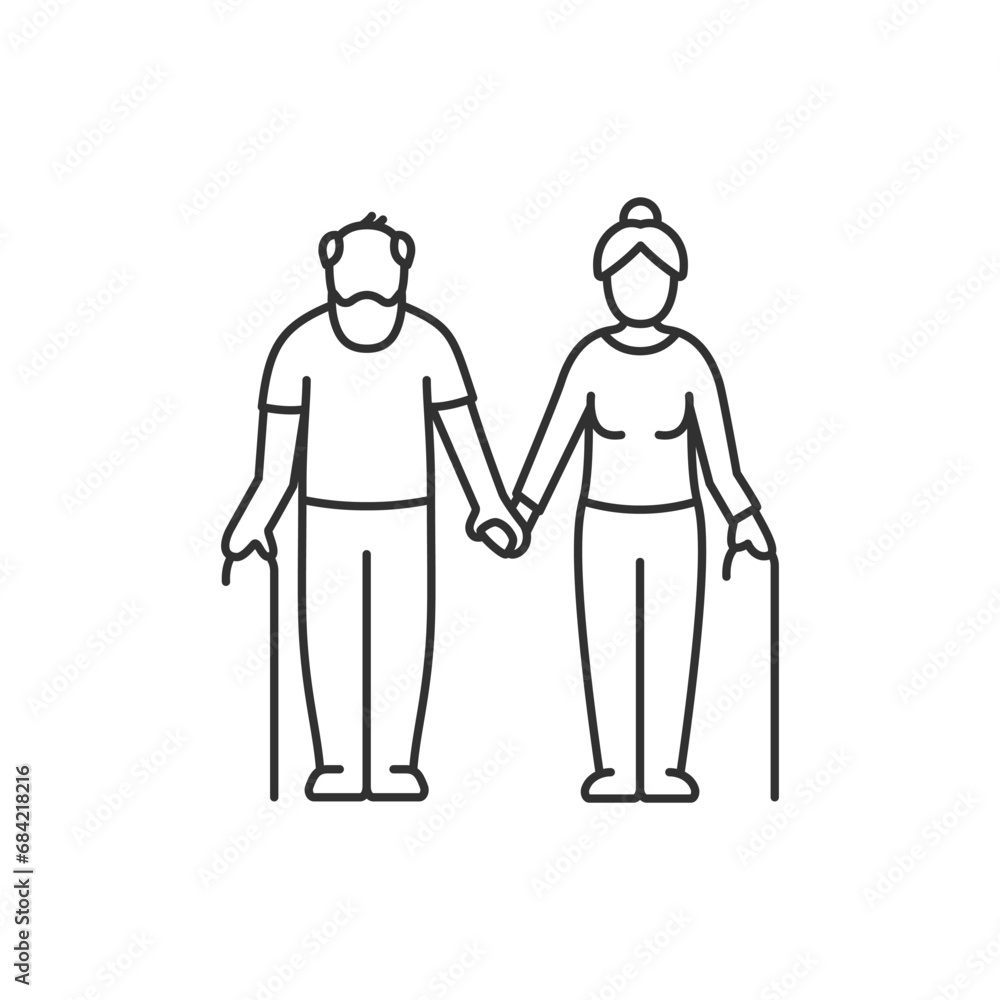custom made wallpaper toronto digitalOld man and old woman holding hands, couple, husband and wife, linear illustration. Line with editable stroke