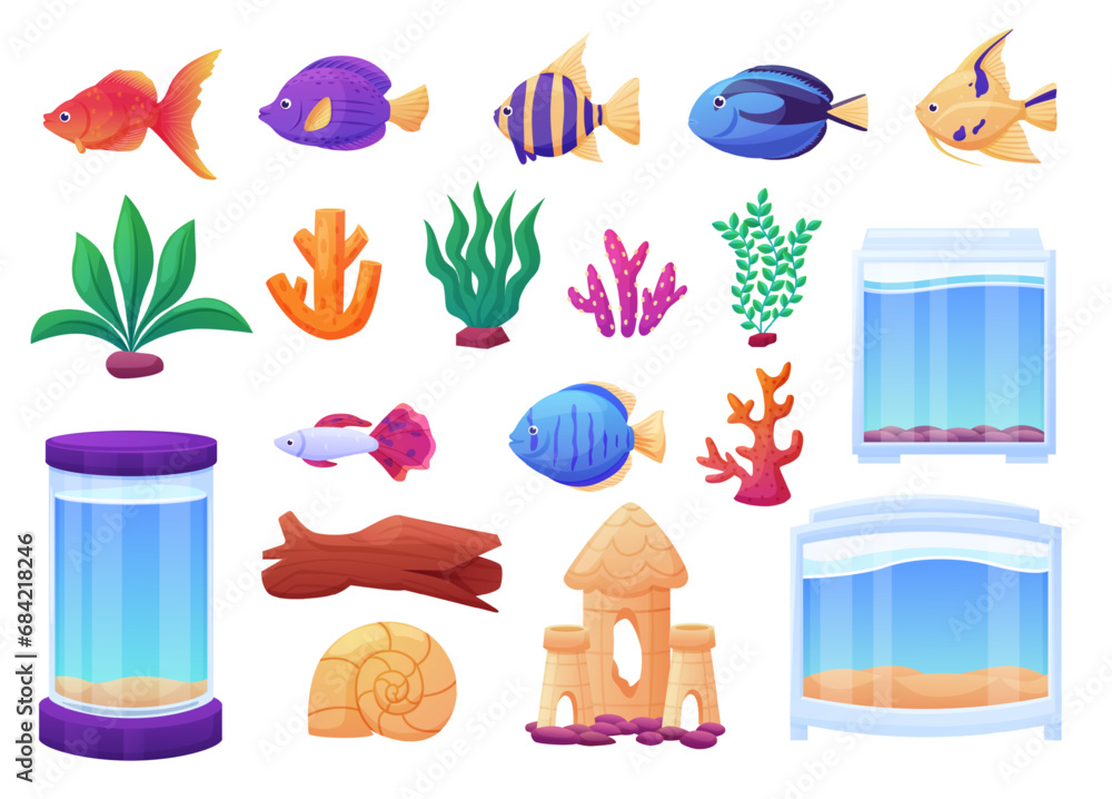 Aquarium underwater seaweeds and fish. Cartoon ocean sea plants, glass decorative cubes and cylinder, corals. Isolated nowaday vector accessories