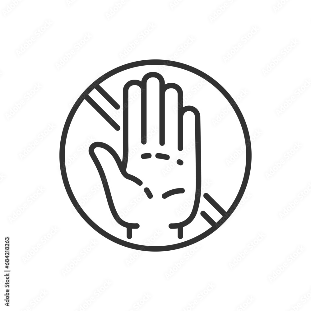 Prohibition sign, linear icon, hand gesture stop. Line with editable stroke Prohibition sign, linear icon, hand gesture stop. Line with editable stroke