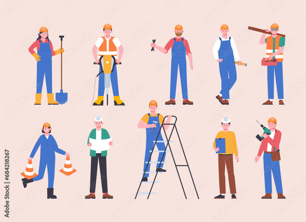 Construction characters in helmets and uniform. Builders at work, male and female employees. Repairmen, road workers, splendid vector clipart