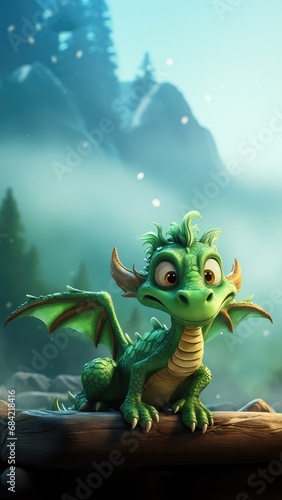Cartoon little green dragon, the symbol of the new year 2024 according to the Eastern calendar, sitting on a log in the mountains