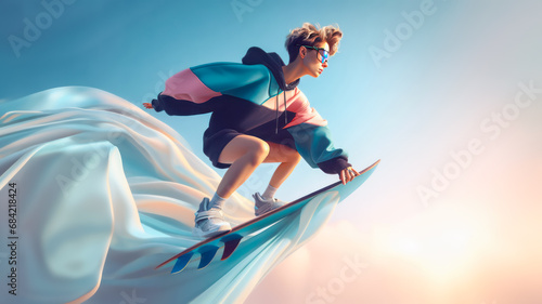 Young man riding a surfboard in the sky virtual space. Metaverse sports concept.