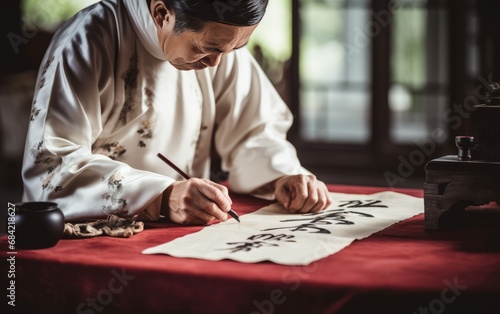 An artist practicing Chinese calligraphy with a brush and ink photo