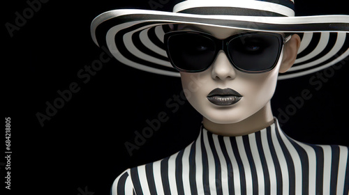 Beautiful woman portrait with hat iand sunglases n black and white fashion style photo