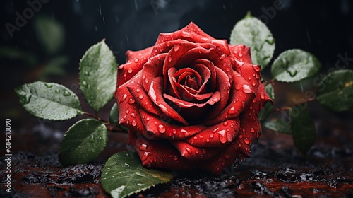 Fototapeta Naklejka Na Ścianę i Meble -  Close up red rose flower on a green garden background. After the rain.