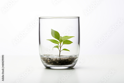 A young plant in a glass jar isolated on white background