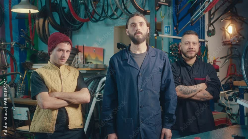 Crew of young confident mechanics posing together on camera in a bike workshop. Group portrait, medium-long shot Crew of young confident mechanics posing together on camera in a bike workshop. Group portrait, medium-long shot