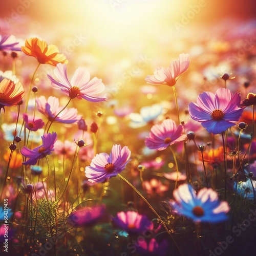  Beautiful field of cosmos flower in a meadow in nature in the rays of sunlight in summer in the spring close-up of a macro. A picturesque colorful artistic image with a soft focus. © JE