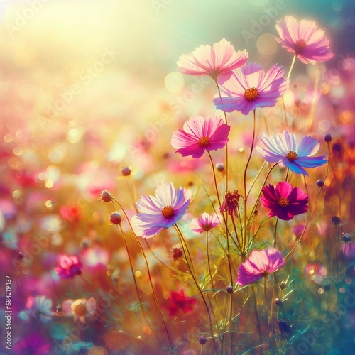  Beautiful field of cosmos flower in a meadow in nature in the rays of sunlight in summer in the spring close-up of a macro. A picturesque colorful artistic image with a soft focus.