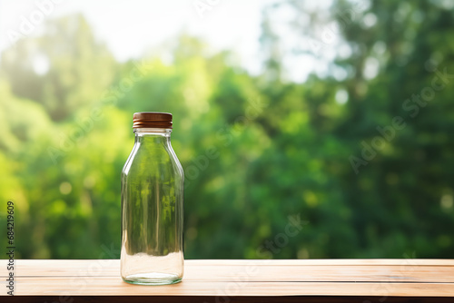 An empty glass bottle on a wooden table top with blur nature forest background