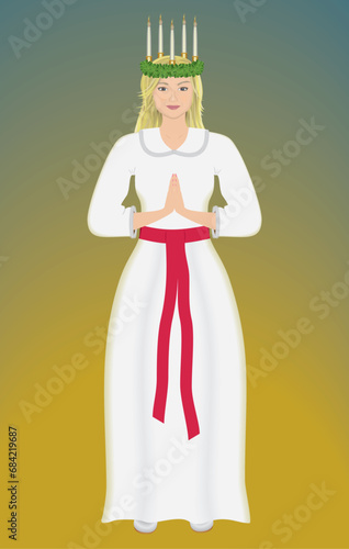 Lovely Saint Lucia woman, girl in traditional clothing and wreath with candles. Celebration in Scandinavia at 13 december.