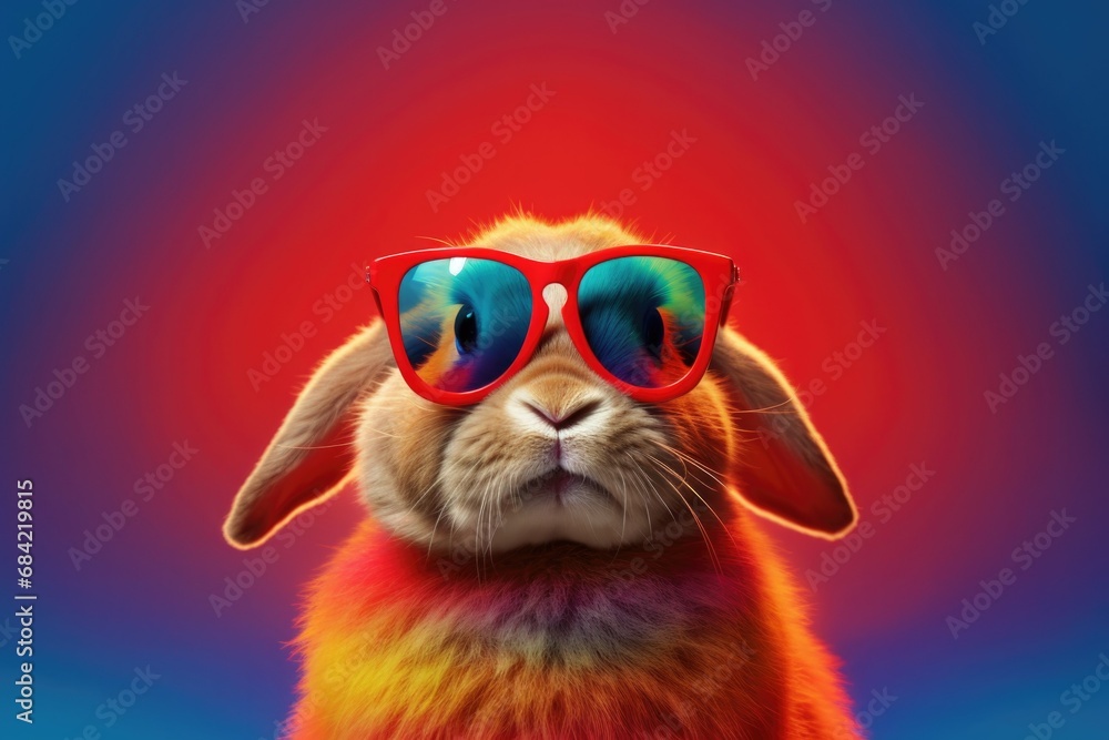Bunny with sunglasses on red background , Generative Ai