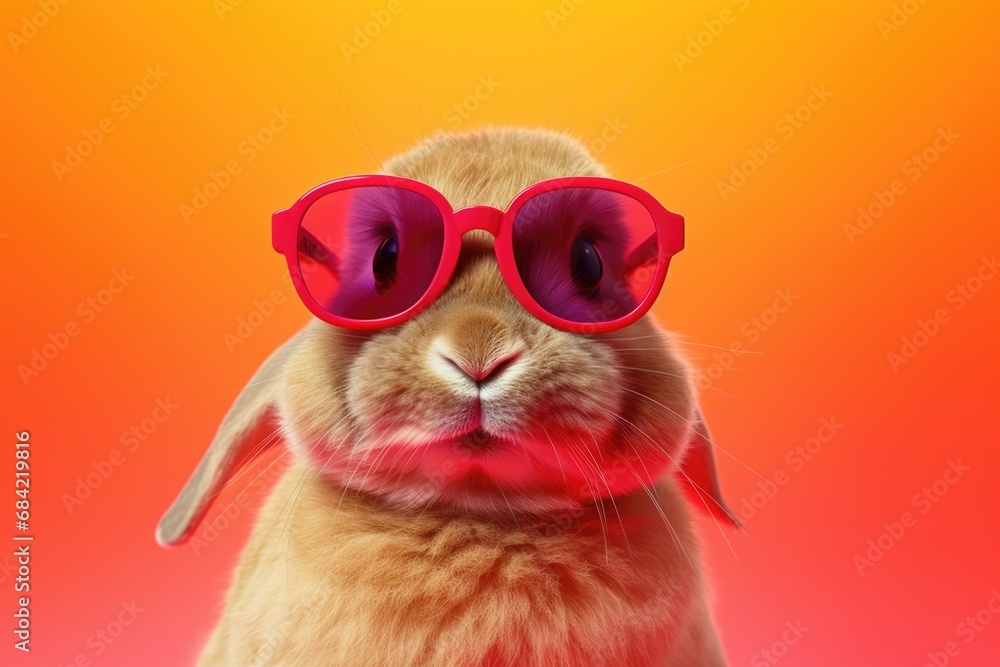 Bunny with sunglasses on orange background , Generative Ai