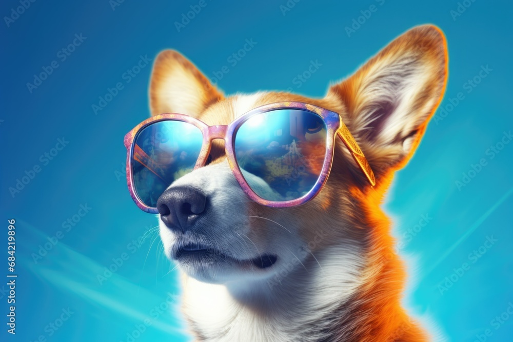 a Corgi dog with sunglasses on blue background , Generative Ai