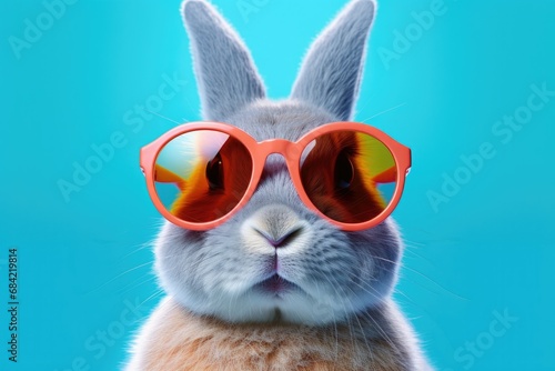Bunny with sunglasses on blue background , Generative Ai