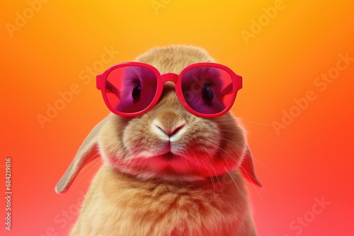 Bunny with sunglasses on orange background , Generative Ai © Zatiago