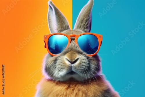 Bunny with sunglasses on blue and orange background   Generative Ai
