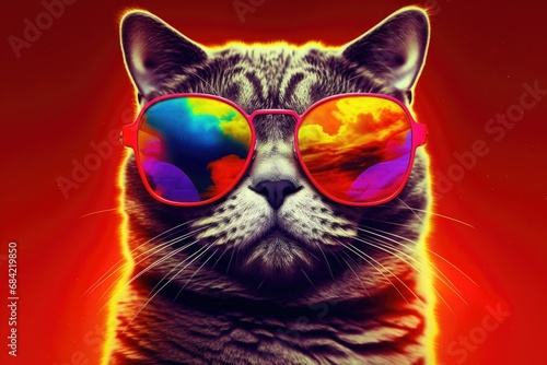 a Cat with sunglasses on red background , Generative Ai