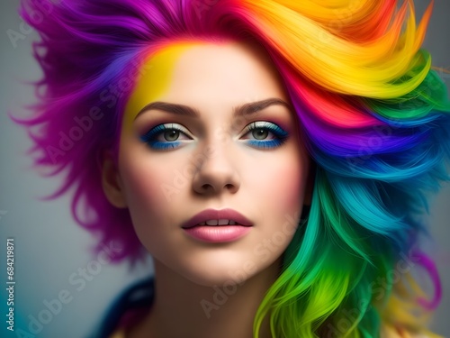 A colorful portrait of a beautiful woman with rainbow hair isolated on grey. International Hair Day October 1.