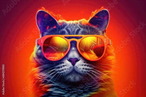 a Cat with sunglasses on red background , Generative Ai © Zatiago