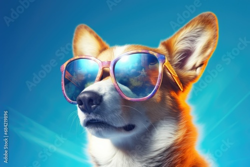 a Corgi dog with sunglasses on blue background , Generative Ai © Zatiago