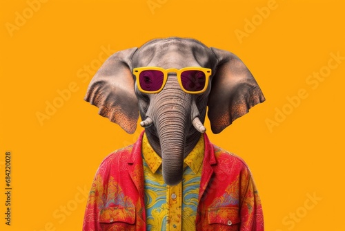 an elephant with sunglasses on yellow background , Generative Ai