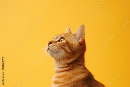 Portrait of ginger tabby cat on yellow background with copy space. Hungry animal with intense expression or waiting for food. Banner for pet shop. Card with cat for Valentine day, spring, women day photo