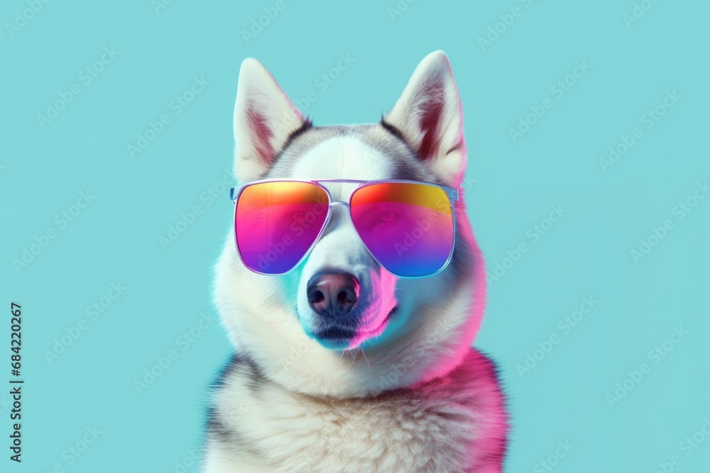 a Husky dog with sunglasses on blue background , Generative Ai